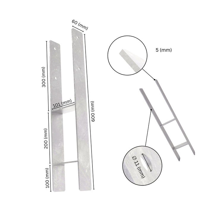 H post support with labeled dimensions showing height, width and sleeve specifications.