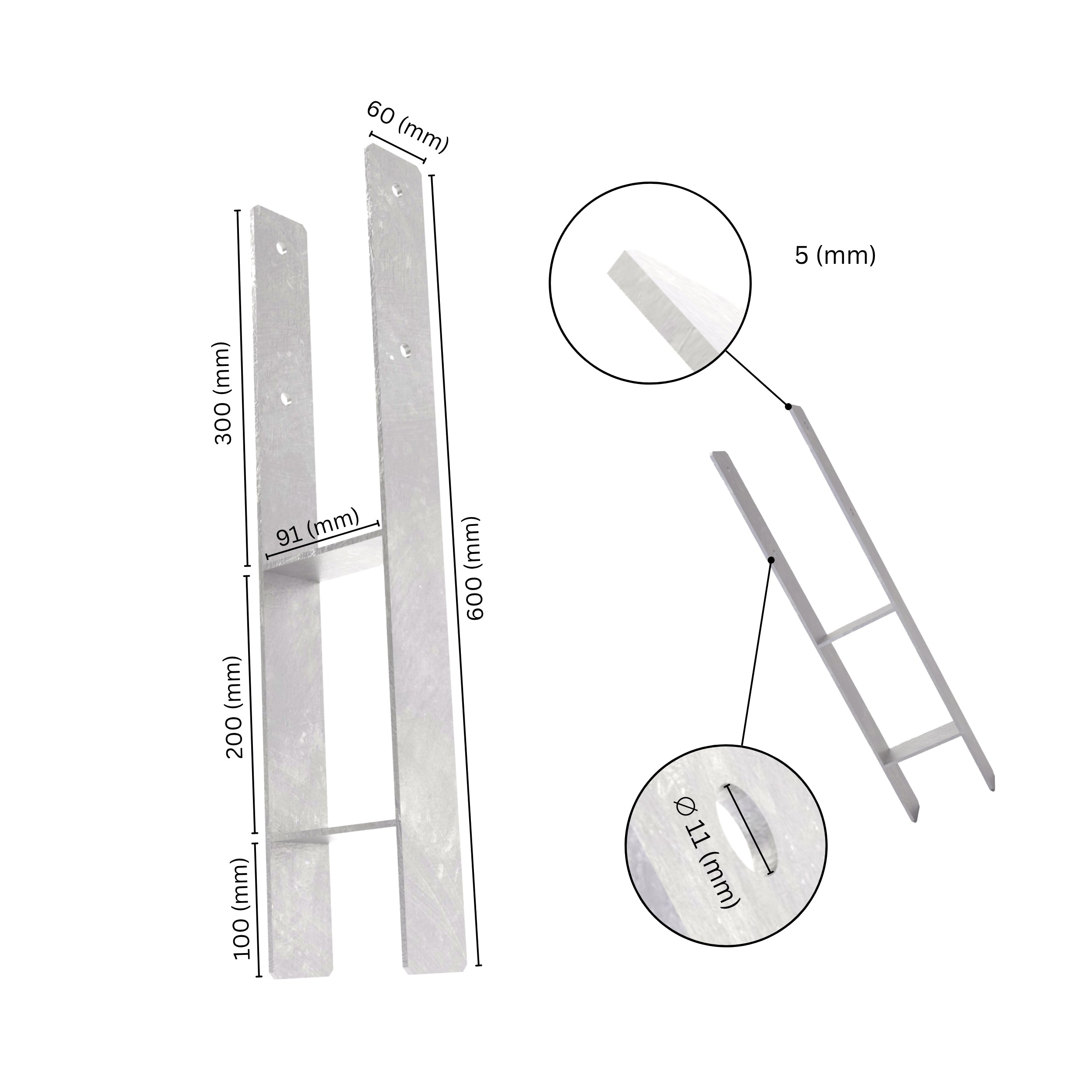 H shape post support with labeled dimensions showing height, width and sleeve size.