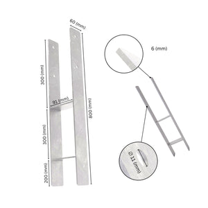 H shape post support with labeled dimensions showing height, width and sleeve size.