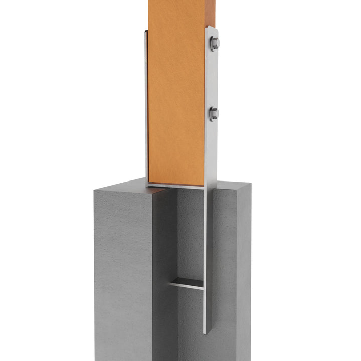 Wooden post secured to concrete using H fence post anchor.