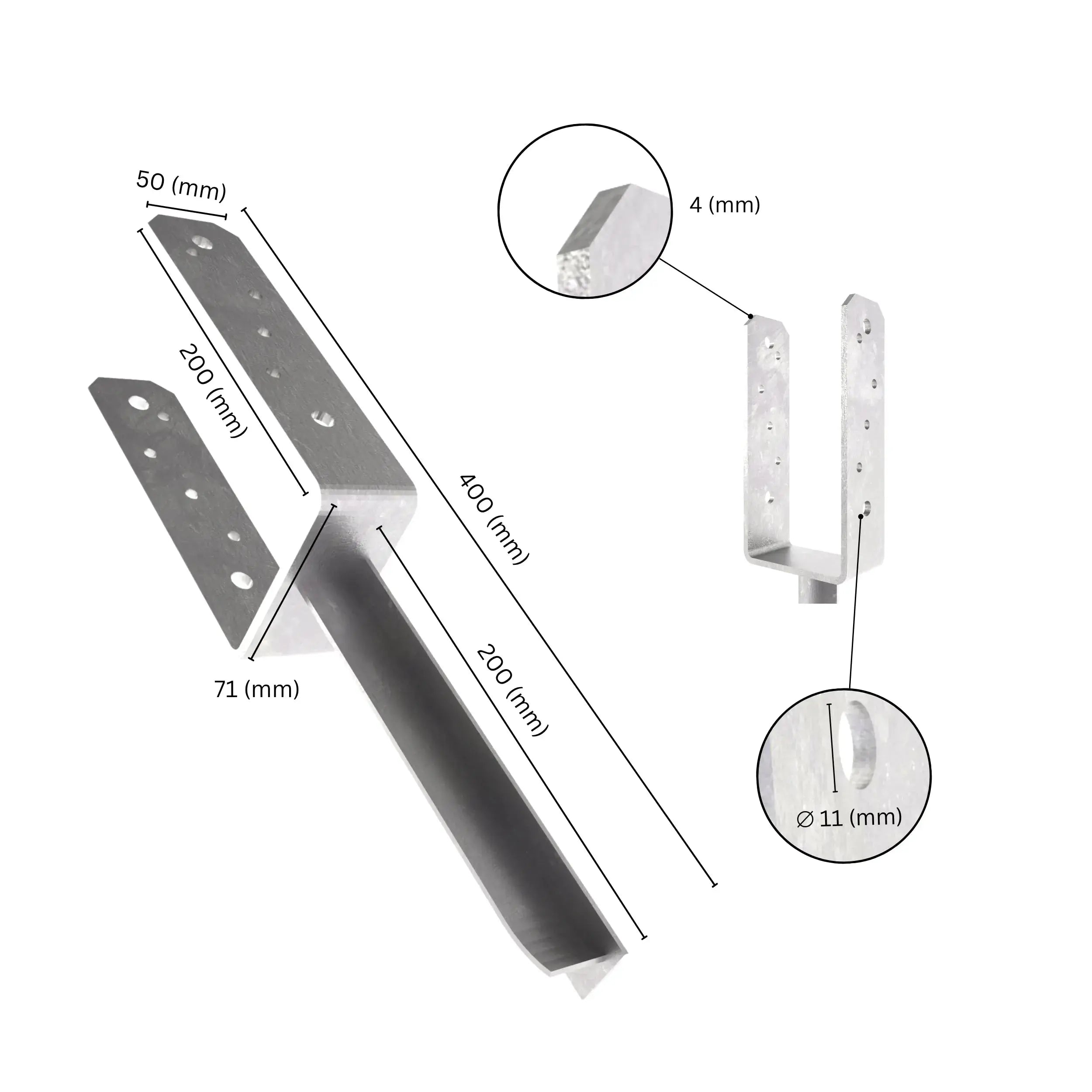 U post support holder with pin labeled dimensions.