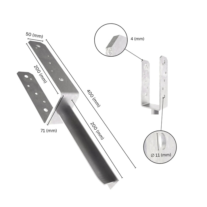 U post support holder with pin labeled dimensions.