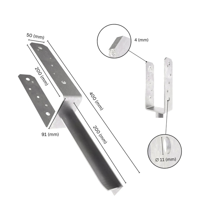 U post support holder with pin labeled dimensions.