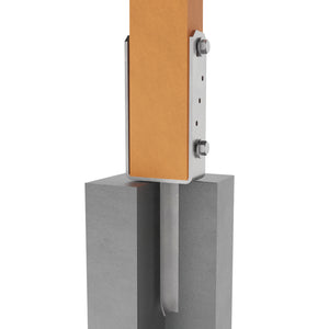 Concrete in u shape post support securing a wooden post with pin embedded in concrete foundation.