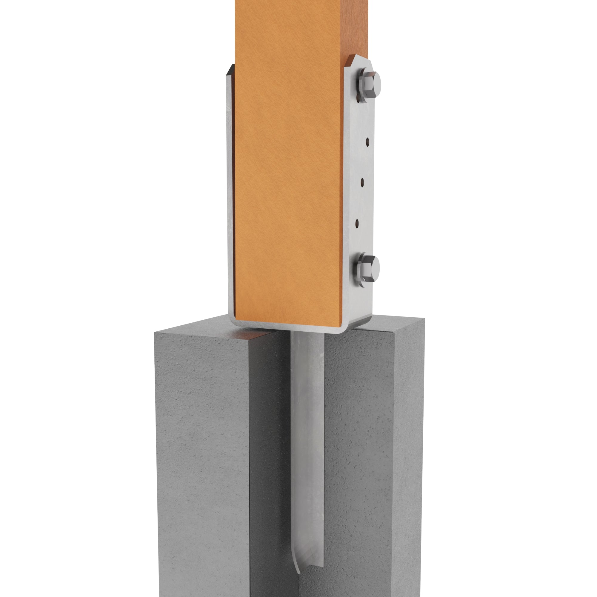 Concrete in u shape post support securing a wooden post with pin embedded in concrete foundation.