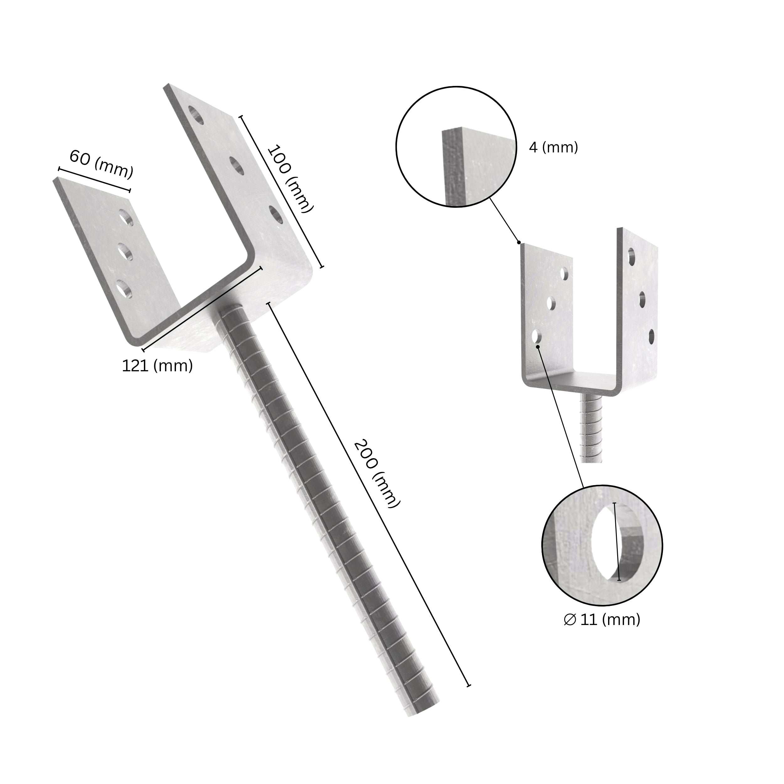 Concrete in U shape post support with embedded rod, showing labeled size dimensions.