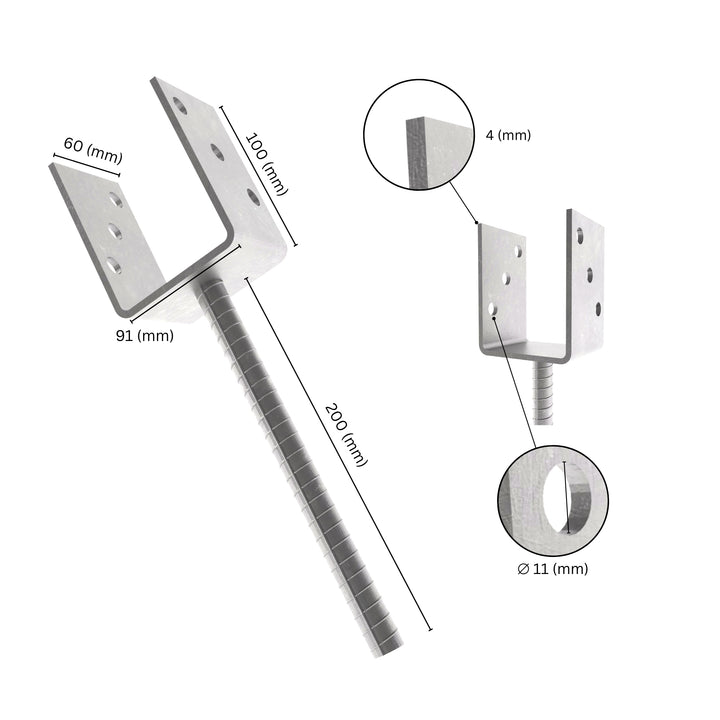 Concrete in U shape post support with embedded rod, showing labeled size dimensions.