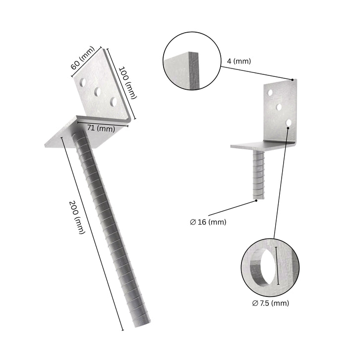 Concrete post anchor L shape with labeled size dimensions.