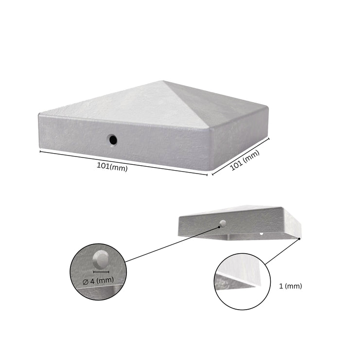 Metal pyramid-shaped fence post cap with labeled dimensions, showing sides size, thickness and screw hole detail.