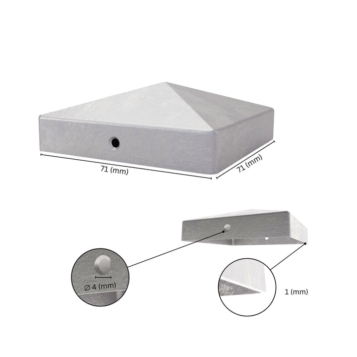 Metal pyramid-shaped fence post cap with labeled dimensions, showing sides size, thickness and screw hole detail.