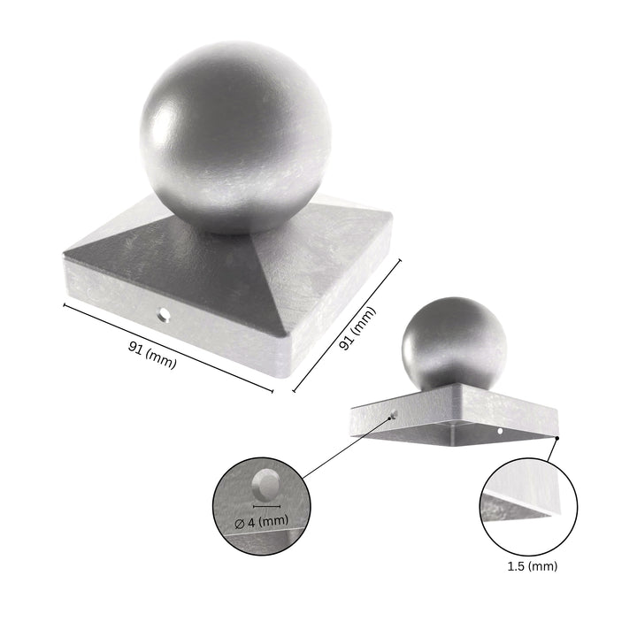 Ball fence post cap with labeled dimensions, showing sides size, thickness and screw hole detail.