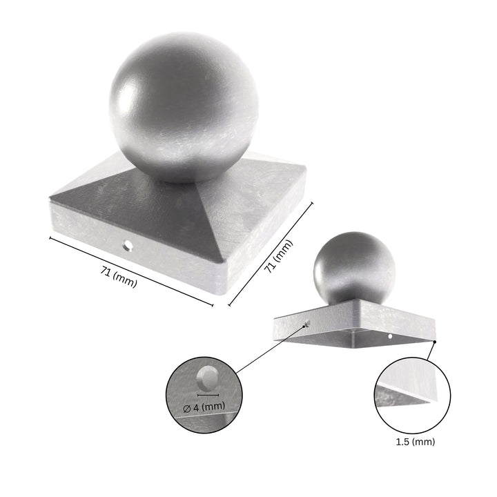 Ball fence post cap with labeled dimensions, showing sides size, thickness and screw hole detail.