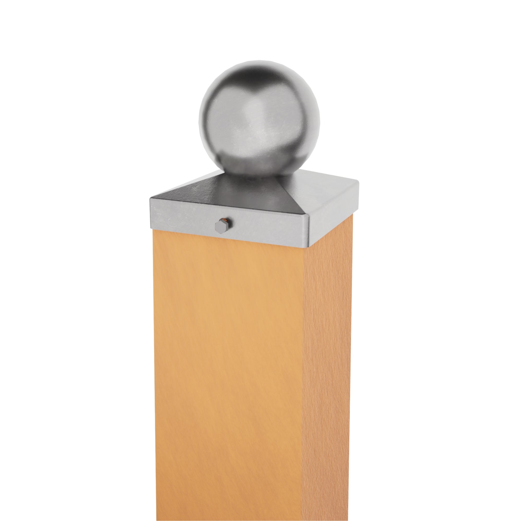 Metal ball fence post cap attached to the top of wooden post.