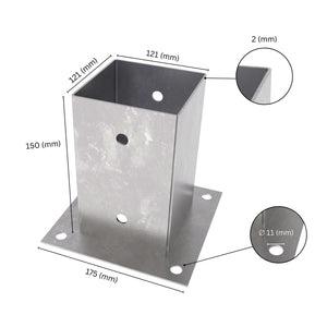 Square post base bracket with labeled dimensions showing bracket size, height, base plate width.