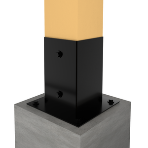 Metal fence post base bracket securing a wooden post to a concrete foundation.