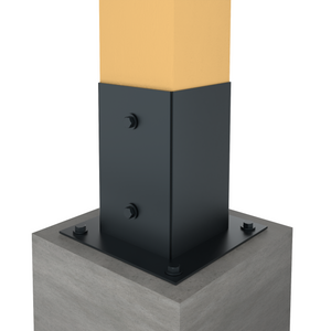 Metal fence post base bracket securing a wooden post to a concrete foundation.