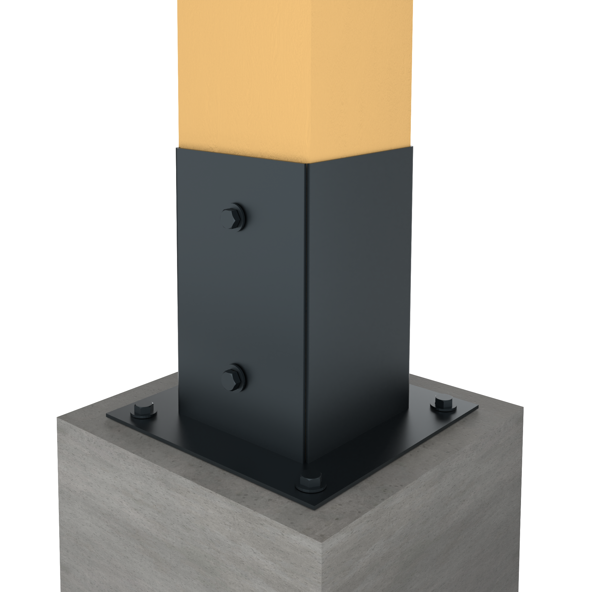 Metal fence post base bracket securing a wooden post to a concrete foundation.