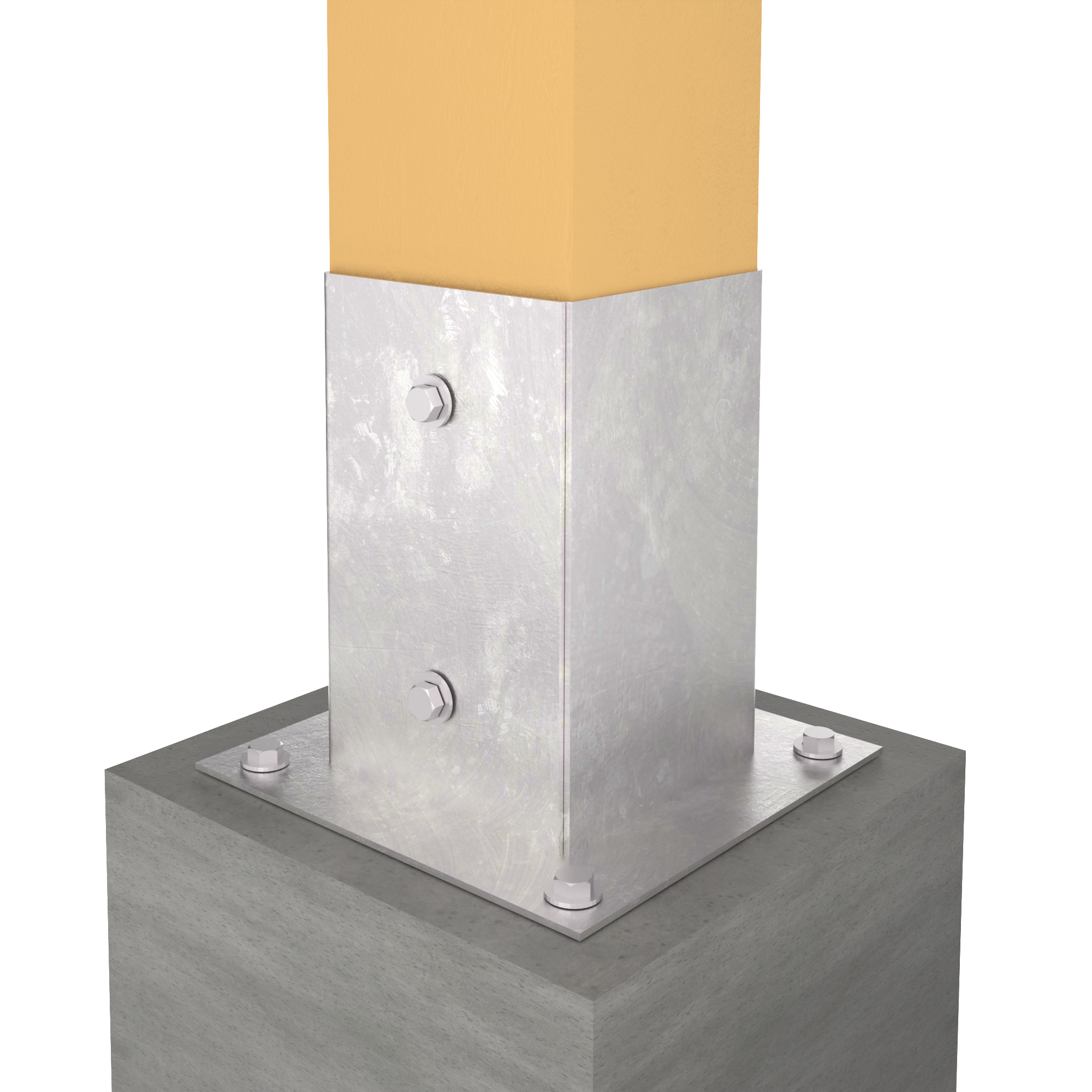 Metal fence post base bracket securing a wooden post to a concrete foundation.