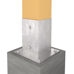 Metal fence post base bracket securing a wooden post to a concrete foundation.