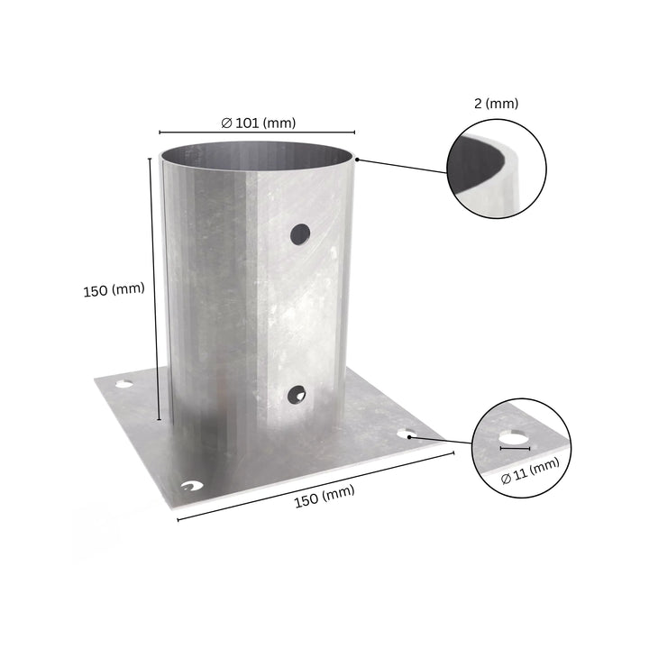 Round post base bracket holder with labeled dimensions showing bracket size, height and base plate width.