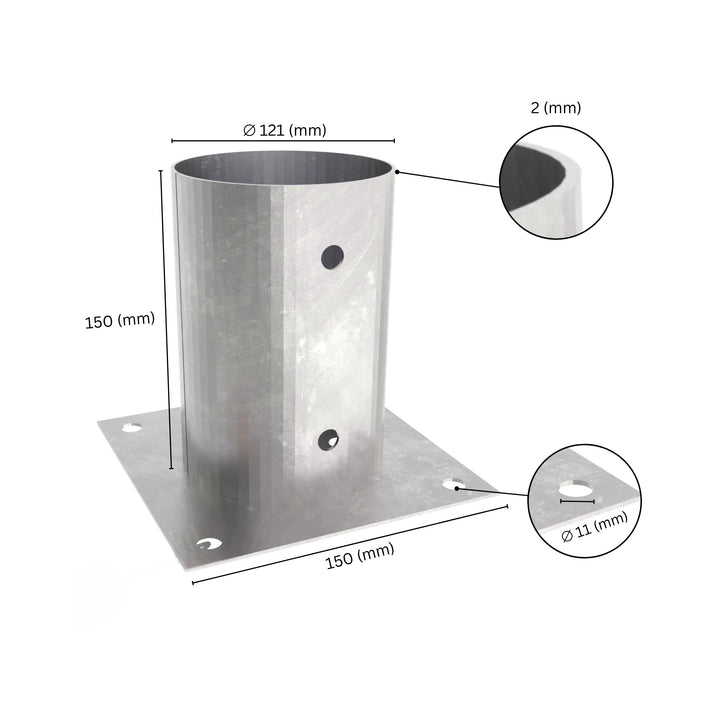 Round post base bracket holder with labeled dimensions showing bracket size, height and base plate width.