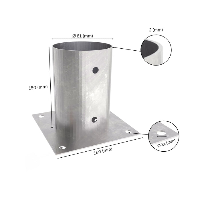 Round post base bracket holder with labeled dimensions showing bracket size, height and base plate width.