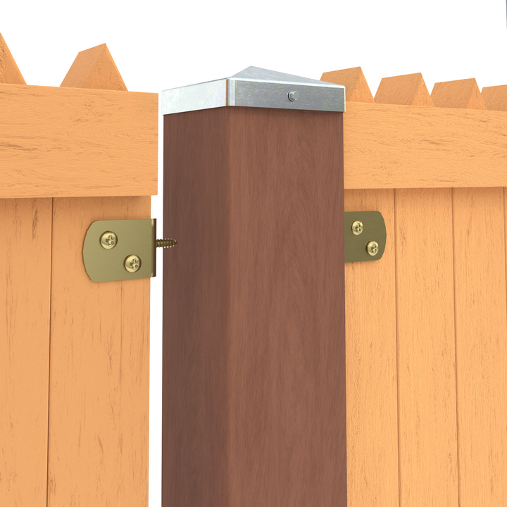 Braid fence holder L brackets securing fence post to wood fence panels.
