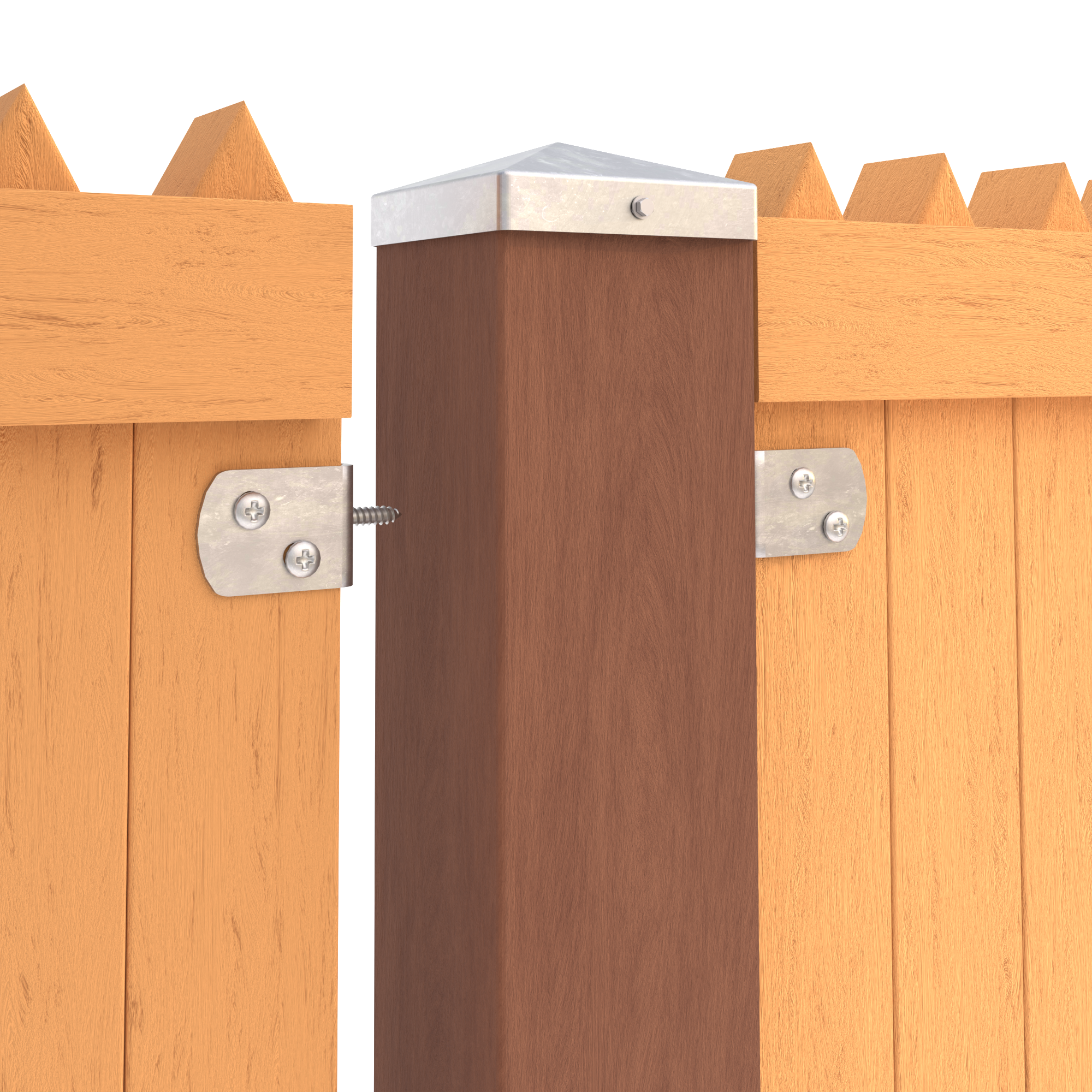 Braid fence holder L brackets securing fence post to wood fence panels.