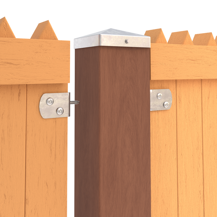 Braid fence holder L brackets securing fence post to wood fence panels.