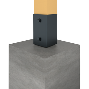 Concrete in ground sleeve post support anchoring a square wooden post to a concrete surface.