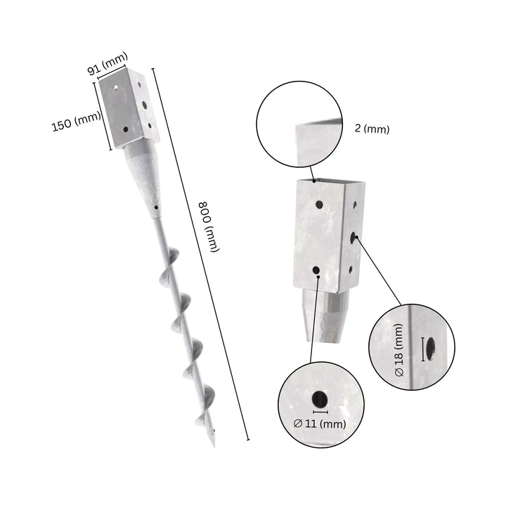 Ground screw post anchor with labeled size dimensions.