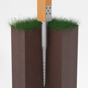 Wooden post attached to a ground screw post anchor, showing the screw embedded in soil.