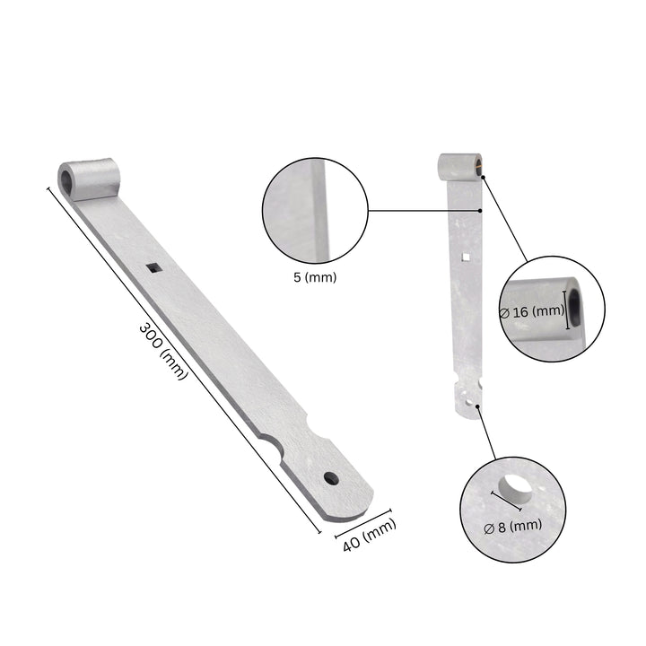 Gate band thumb hinge with labeled dimensions.