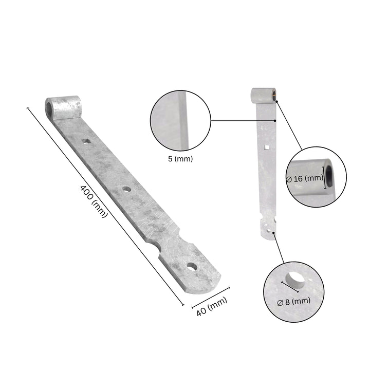 Gate band thumb hinge with labeled dimensions.