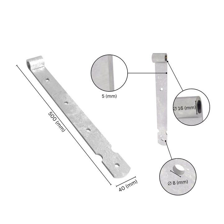 Gate band thumb hinge with labeled dimensions.