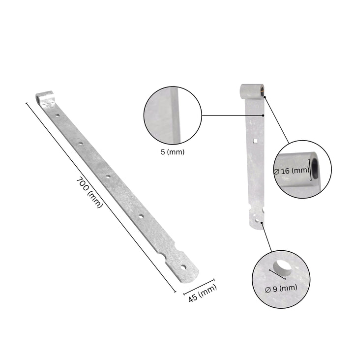 Gate band thumb hinge with labeled dimensions.