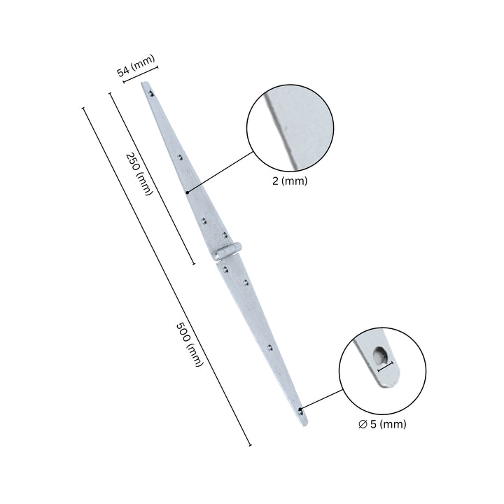 Strap hinge for door with labeled dimensions.