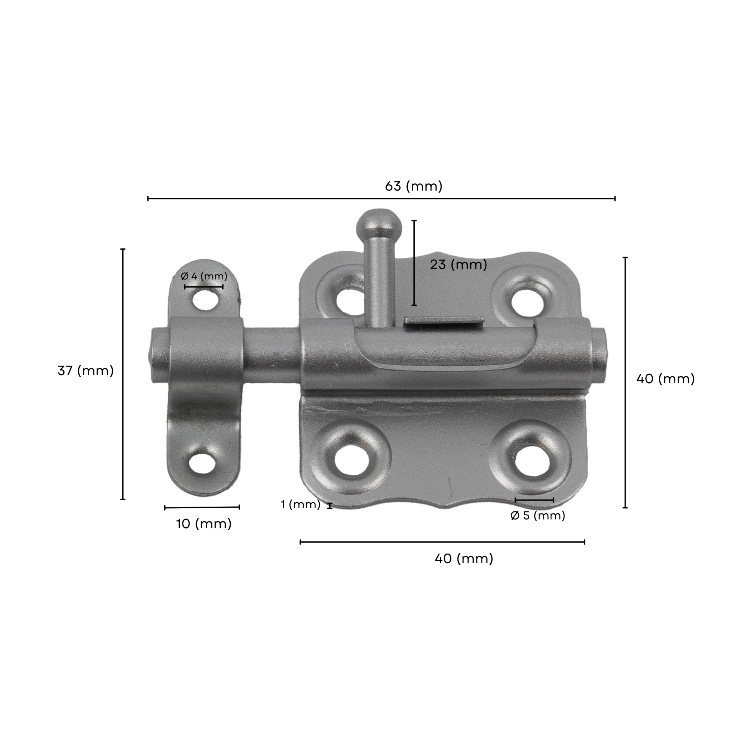 Barrel Bolt Grendel latch with labeled size dimension.