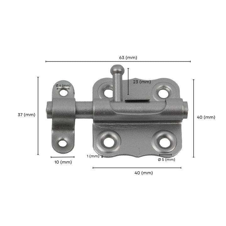 Barrel Bolt Grendel latch with labeled size dimension.