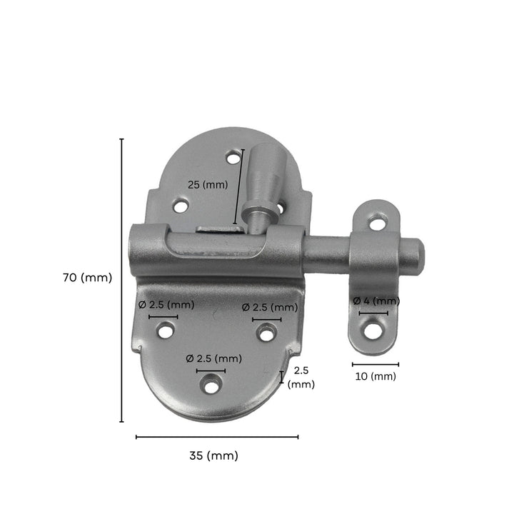 Grendel barrel bolt with spring labeled size dimensions.