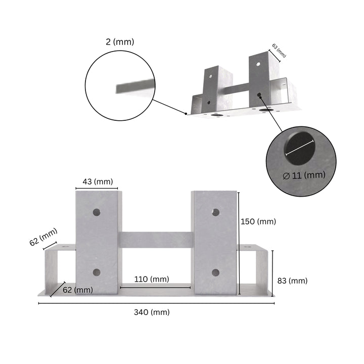 Heavy duty firewood rack bracket with labeled dimensions.