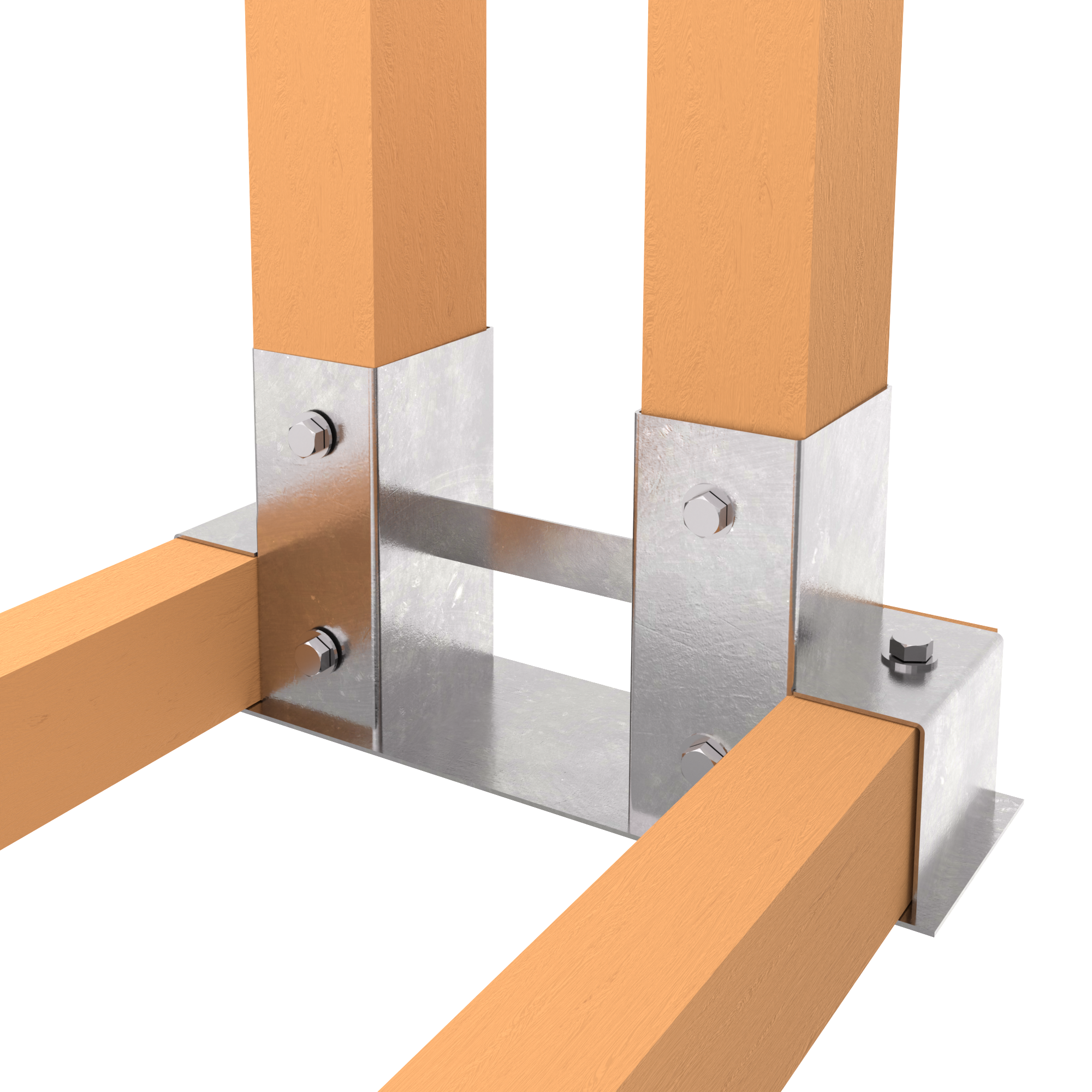 Firewood log stacking bracket with wooden posts attached, showing assembly setup.