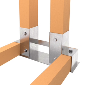 Firewood log stacking bracket with wooden posts attached, showing assembly setup.