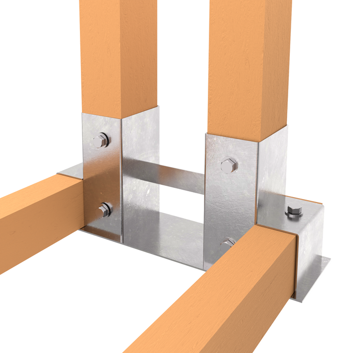 Firewood log stacking bracket with wooden posts attached, showing assembly setup.