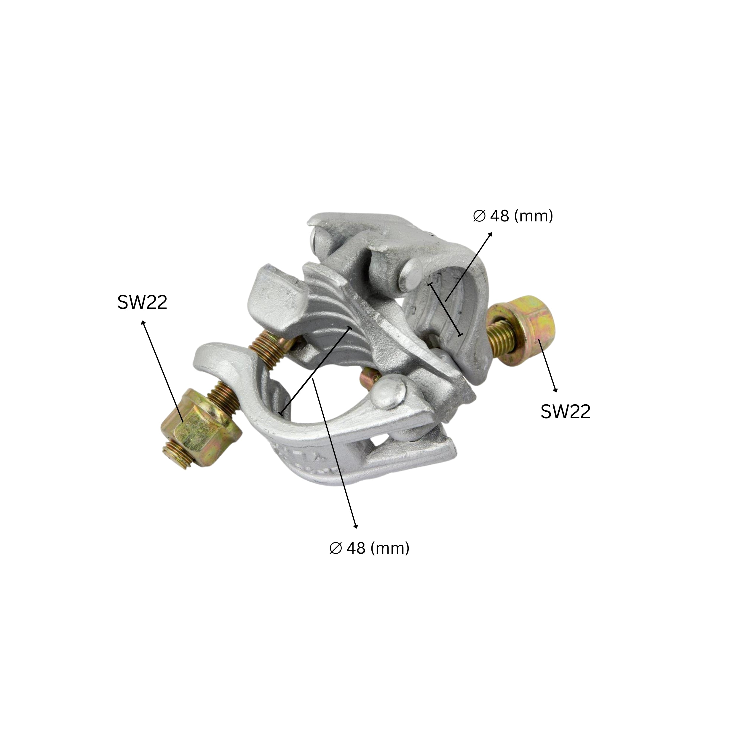 Right angle scaffold coupler with labeled size dimensions.