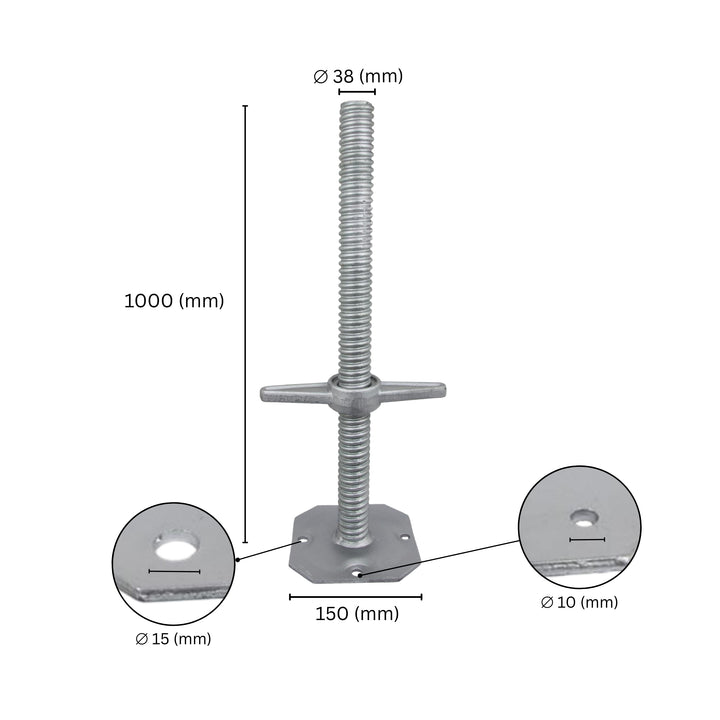 Adjustable scaffolding base jack specification showing labeled dimensions, height and screw size.