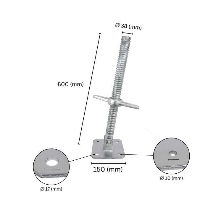 Scaffold leveling swivel screw jack with labeled dimensions showing height, screw length and base plate size.