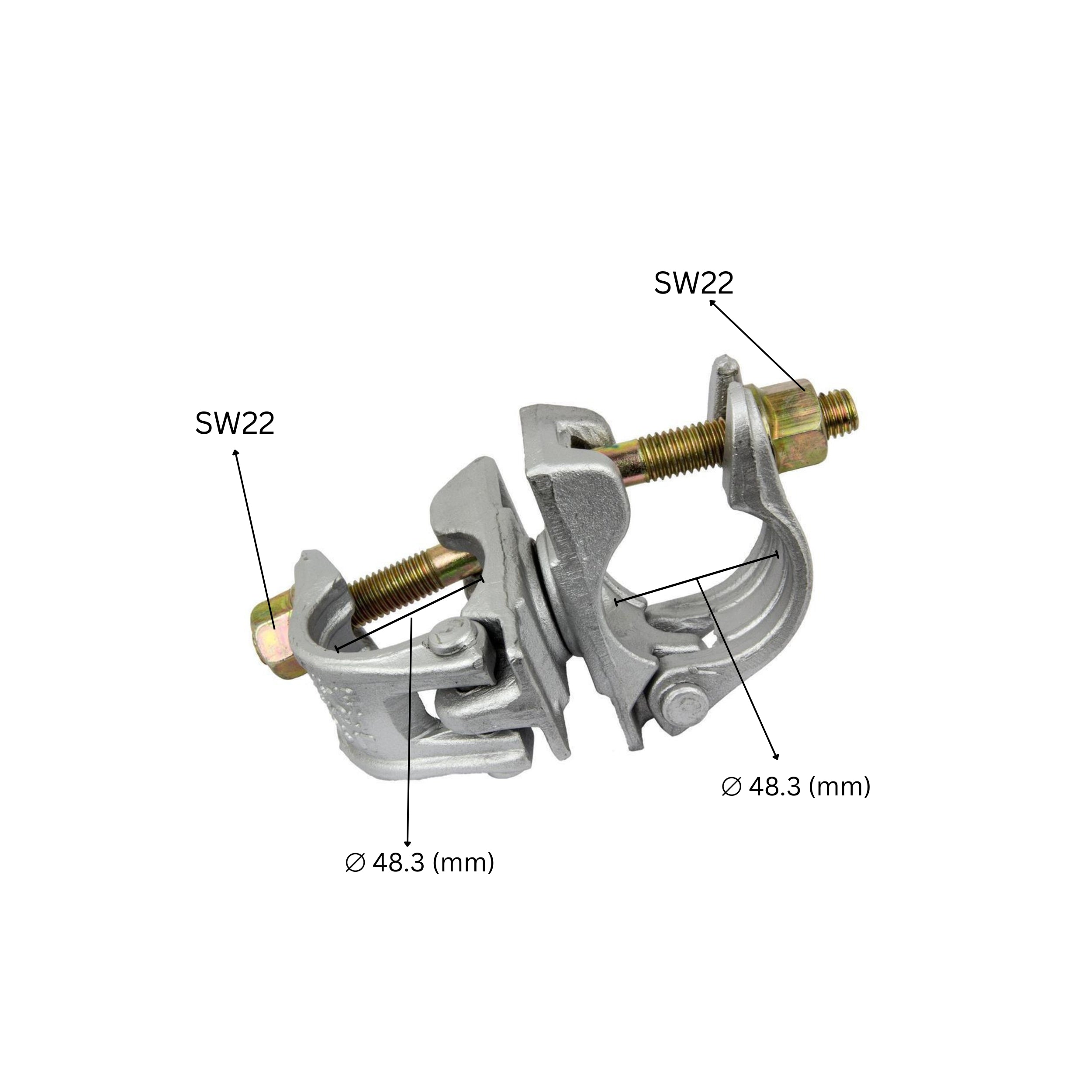 Swivel scaffold coupler clamp with labeled size dimensions.