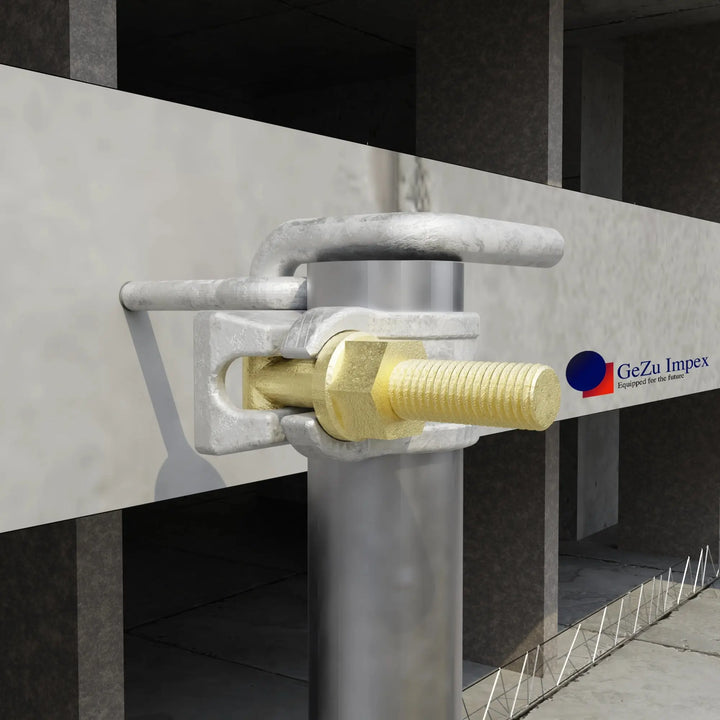 Close-up of a scaffold half coupler with hook securing a tube to the structure.