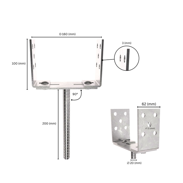 Adjustable width U post support with labeled dimensions, showing the U bracket width adjustment range and rod length.